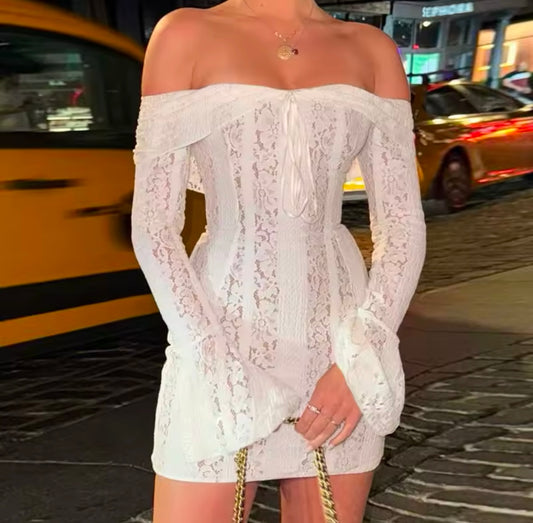 Women’s White Lace Dress with Long Sleeves and Bow