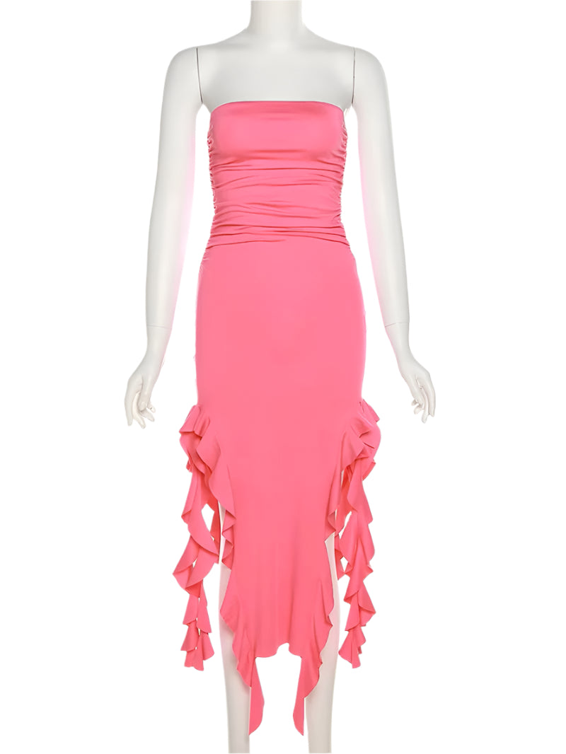 Strapless Women Midi Dress with Ruffles