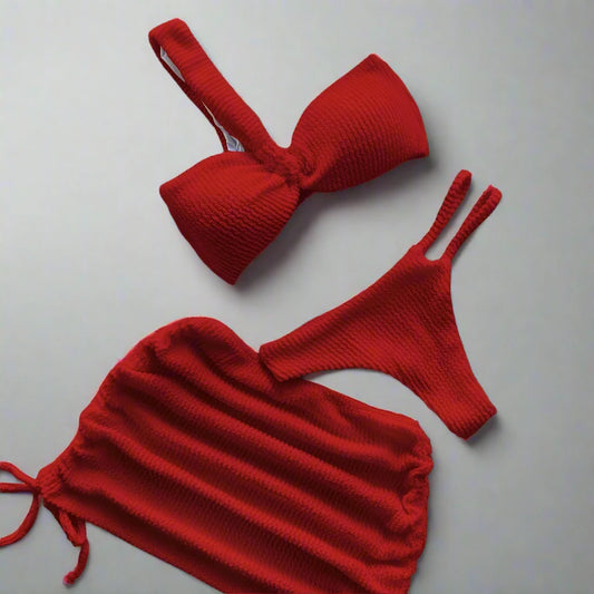 Red One Shoulder Bikini Set | Three Piece Bathing Suit | Saint K Shop