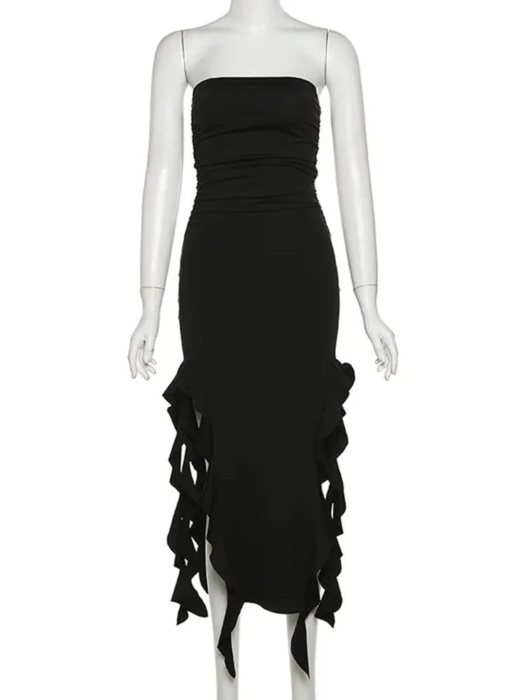 Strapless Women Midi Dress with Ruffles