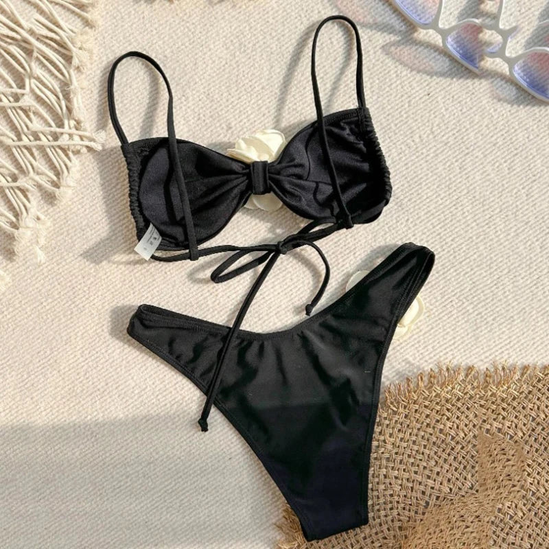 Flower Bandeau Lace Up Swimwear