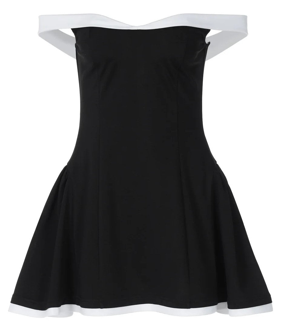 Black and white off-shoulder mini dress on display, highlighting its modern design.