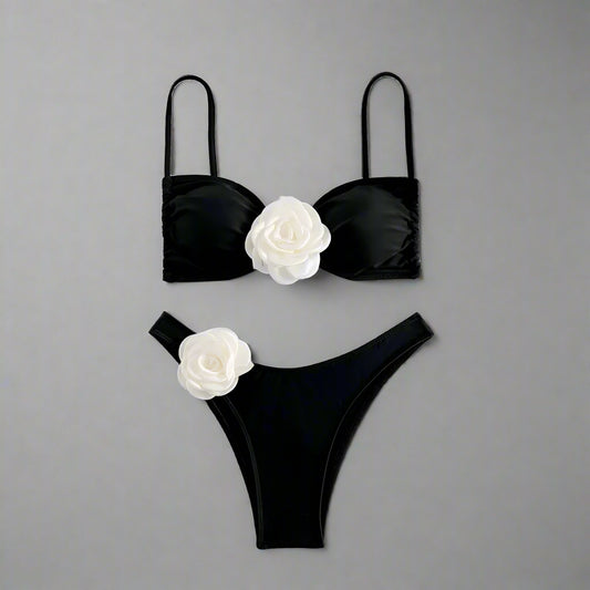 Trendy Black and White Bikini with Flower