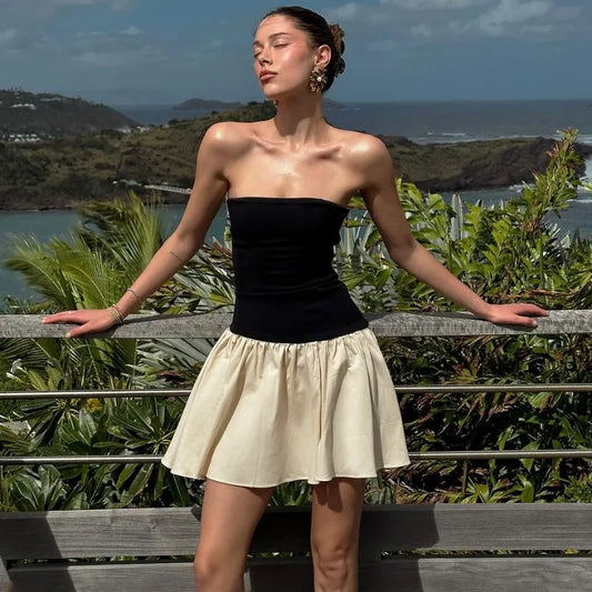 Black dress with tube top and flowy skirt