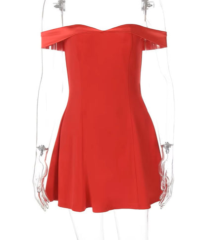 Bold red off-shoulder mini dress with a fitted silhouette and elegant neckline.